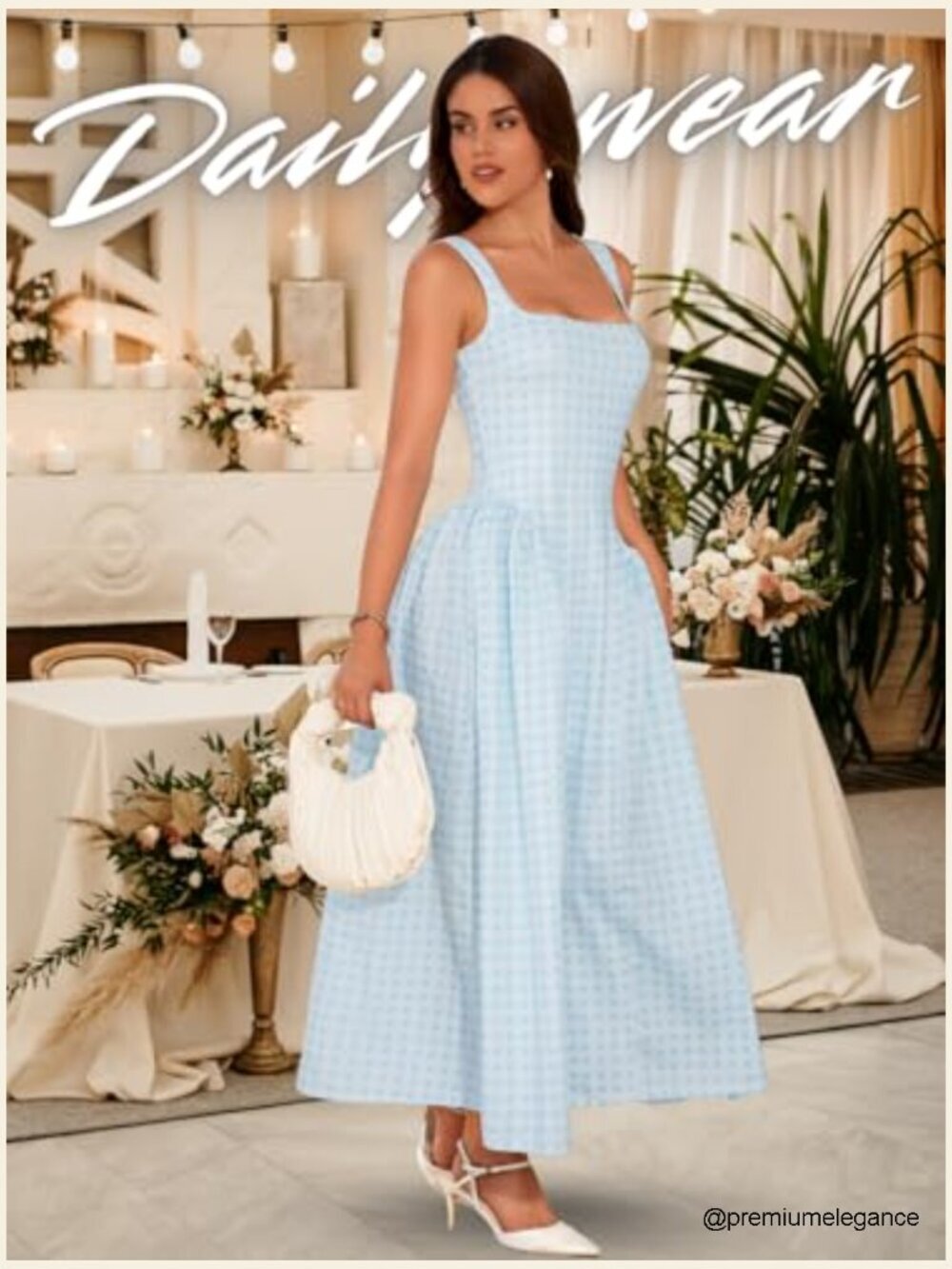 Plaid Maxi Dress, A-Line Drop-Waist, Square Neck, Sleeveless Semi Formal - Picture 3 of 7